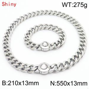 Hiphop Heavy Cuban Link Chains 210×13mm Bracelet 550×13mm Necklaces Male Silver Color Stainless Steel Jewelry Sets For Men Women - KS204317-Z