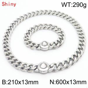 Hiphop Heavy Cuban Link Chains 210×13mm Bracelet 600×13mm Necklaces Male Silver Color Stainless Steel Jewelry Sets For Men Women - KS204318-Z
