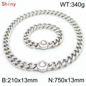 Hiphop Heavy Cuban Link Chains 210×13mm Bracelet 750×13mm Necklaces Male Silver Color Stainless Steel Jewelry Sets For Men Women - KS204321-Z