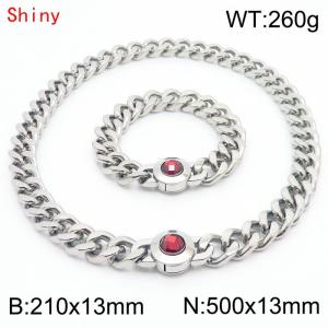 Hiphop Heavy Cuban Link Chains 210×13mm Bracelet 500×13mm Necklaces Male Silver Color Stainless Steel Red Stone Clasp Jewelry Sets For Men Women - KS204323-Z