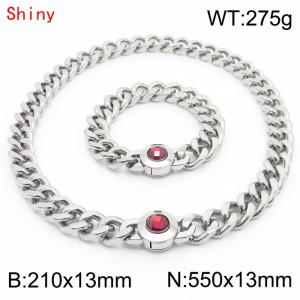 Hiphop Heavy Cuban Link Chains 210×13mm Bracelet 550×13mm Necklaces Male Silver Color Stainless Steel Red Stone Clasp Jewelry Sets For Men Women - KS204324-Z
