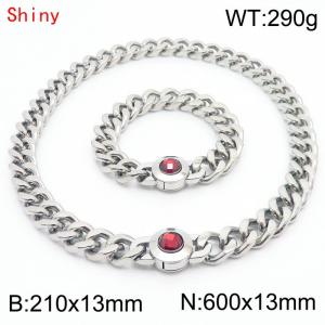 Hiphop Heavy Cuban Link Chains 210×13mm Bracelet 600×13mm Necklaces Male Silver Color Stainless Steel Red Stone Clasp Jewelry Sets For Men Women - KS204325-Z