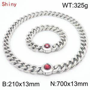 Hiphop Heavy Cuban Link Chains 210×13mm Bracelet 700×13mm Necklaces Male Silver Color Stainless Steel Red Stone Clasp Jewelry Sets For Men Women - KS204327-Z