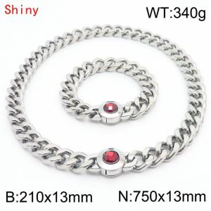 Hiphop Heavy Cuban Link Chains 210×13mm Bracelet 750×13mm Necklaces Male Silver Color Stainless Steel Red Stone Clasp Jewelry Sets For Men Women - KS204328-Z