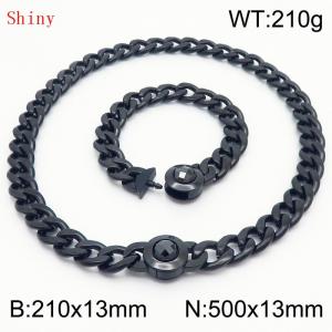 Black-Plated Stainless Steel&Black Zircon Cuban Chain Jewelry Set with 210mm Bracelet&500mm Necklace - KS204425-Z