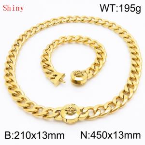 Gold-Plated Stainless Steel Skull Charm Cuban Chain Jewelry Set with 210mm Bracelet&450mm Necklace - KS204459-Z