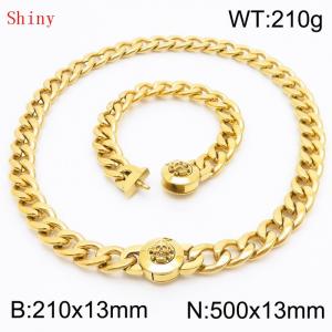 Gold-Plated Stainless Steel Skull Charm Cuban Chain Jewelry Set with 210mm Bracelet&500mm Necklace - KS204460-Z
