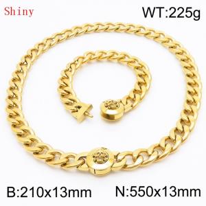 Gold-Plated Stainless Steel Skull Charm Cuban Chain Jewelry Set with 210mm Bracelet&550mm Necklace - KS204461-Z