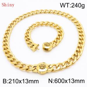 Gold-Plated Stainless Steel Skull Charm Cuban Chain Jewelry Set with 210mm Bracelet&600mm Necklace - KS204462-Z