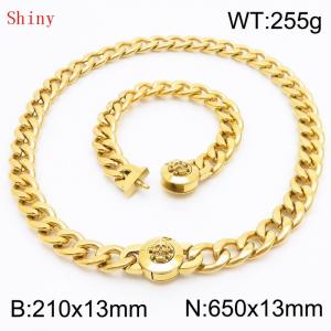 Gold-Plated Stainless Steel Skull Charm Cuban Chain Jewelry Set with 210mm Bracelet&650mm Necklace - KS204463-Z