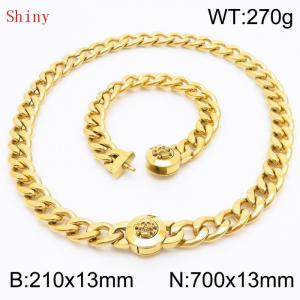 Gold-Plated Stainless Steel Skull Charm Cuban Chain Jewelry Set with 210mm Bracelet&700mm Necklace - KS204464-Z