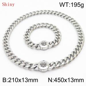 Fashionable and personalized stainless steel 210×13mm&450×13mm Cuban Chain Polished Round Buckle Inlaid Skull Head Charm Silver Set - KS204536-Z