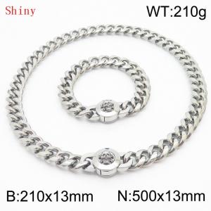 Fashionable and personalized stainless steel 210×13mm&500×13mm Cuban Chain Polished Round Buckle Inlaid Skull Head Charm Silver Set - KS204537-Z