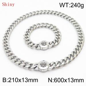 Fashionable and personalized stainless steel 210×13mm&600×13mm Cuban Chain Polished Round Buckle Inlaid Skull Head Charm Silver Set - KS204539-Z