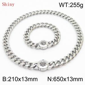 Fashionable and personalized stainless steel 210×13mm&650×13mm Cuban Chain Polished Round Buckle Inlaid Skull Head Charm Silver Set - KS204540-Z