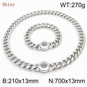 Fashionable and personalized stainless steel 210×13mm&700×13mm Cuban Chain Polished Round Buckle Inlaid Skull Head Charm Silver Set - KS204541-Z