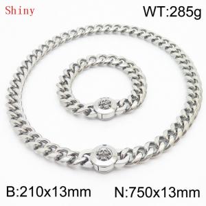 Fashionable and personalized stainless steel 210×13mm&750×13mm Cuban Chain Polished Round Buckle Inlaid Skull Head Charm Silver Set - KS204542-Z