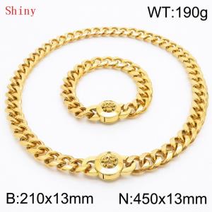 Fashionable and personalized stainless steel 210×13mm&450×13mm Cuban Chain Polished Round Buckle Inlaid Skull Head Charm Gold Set - KS204543-Z