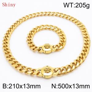 Fashionable and personalized stainless steel 210×13mm&500×13mm Cuban Chain Polished Round Buckle Inlaid Skull Head Charm Gold Set - KS204544-Z