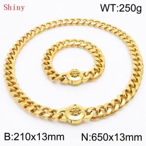 Fashionable and personalized stainless steel 210×13mm&650×13mm Cuban Chain Polished Round Buckle Inlaid Skull Head Charm Gold Set - KS204547-Z