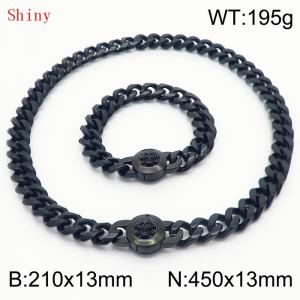 Fashionable and personalized stainless steel 210×13mm&450×13mm Cuban Chain Polished Round Buckle Inlaid Skull Head Charm Black Set - KS204550-Z