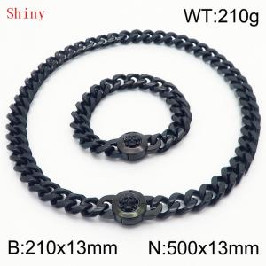 Fashionable and personalized stainless steel 210×13mm&500×13mm Cuban Chain Polished Round Buckle Inlaid Skull Head Charm Black Set - KS204551-Z