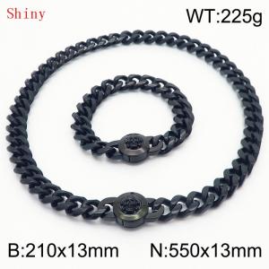 Fashionable and personalized stainless steel 210×13mm&550×13mm Cuban Chain Polished Round Buckle Inlaid Skull Head Charm Black Set - KS204552-Z