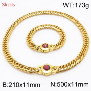 Personalized and trendy titanium steel polished whip chain gold bracelet necklace set, paired with red crystal snap closure - KS204558-Z