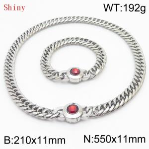 Personalized and popular titanium steel polished whip chain silver bracelet necklace set, paired with red crystal snap closure - KS204566-Z