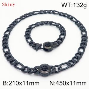 Punk Cuban Chains Skull Clasp 210×11mm Bracelet 450×11mm Nacklace For Men Black Color Hip Hop Thick Stainless Steel Big Chunky NK Chain Jewelry Sets Wholesale - KS204655-Z