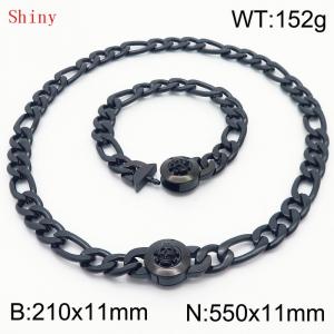 Punk Cuban Chains Skull Clasp 210×11mm Bracelet 550×11mm Nacklace For Men Black Color Hip Hop Thick Stainless Steel Big Chunky NK Chain Jewelry Sets Wholesale - KS204657-Z