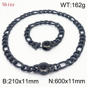 Punk Cuban Chains Skull Clasp 210×11mm Bracelet 600×11mm Nacklace For Men Black Color Hip Hop Thick Stainless Steel Big Chunky NK Chain Jewelry Sets Wholesale - KS204658-Z