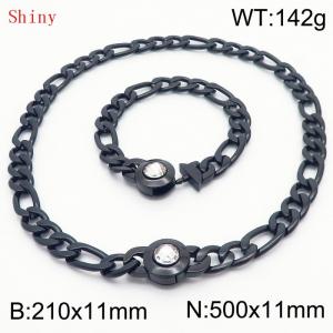 Black Color Punk Stainless Steel NK Chain 210×11mm Bracelet 500×11mm Necklace for Men Women Hip Pop Figaro Rope Cuban Box Long Chains Jewelry Sets - KS204719-Z