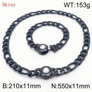 Black Color Punk Stainless Steel NK Chain 210×11mm Bracelet 550×11mm Necklace for Men Women Hip Pop Figaro Rope Cuban Box Long Chains Jewelry Sets - KS204720-Z
