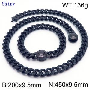 European and American fashion stainless steel 200 × 9.5mm&450 × 9.5mm Cuban chain smooth round buckle men's temperament black set - KS204861-Z