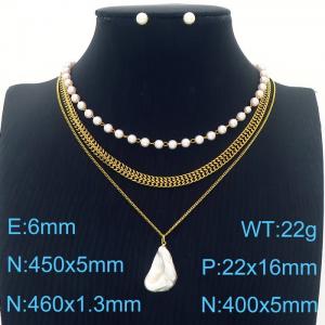 Multi-layer Pearl Charm Necklace with 6mm Pearl Earrings Jewelry Set for Women Stainless Steel Gold Jewelry Set - KS215405-BI