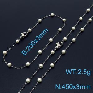 Women Stainless Steel&Pearls Link Jewelry Set with 450mm Necklace&200mm Bracelet - KS215494-Z