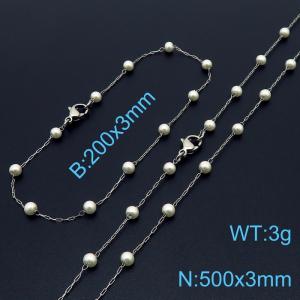 Women Stainless Steel&Pearls Link Jewelry Set with 500mm Necklace&200mm Bracelet - KS215495-Z
