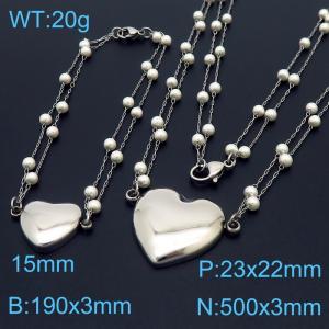 Women Love Heart Pendant Stainless Steel&Pearl Link Jewelry Set with 190mm Bracelet&500mm Necklace - KS215502-Z