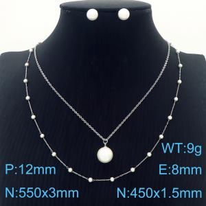 Women 550mm Stainless Steel Link Necklace with Shell Pearl Penant&Pearl Earrings Jewelry Set - KS215503-Z