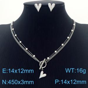 Women 450mm Stainless Steel&Pearls Link Necklace with OT Clasp&Love Heart Earrings Jewelry Set - KS215505-Z