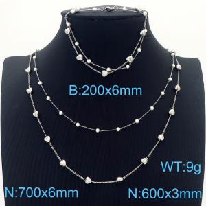 Women Stainless Steel&Pearls Love Heart Link Jewelry Set with 700mm Necklace&200mm Bracelet - KS215506-Z
