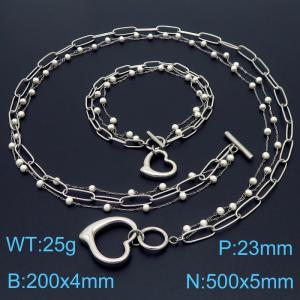 Women Stainless Steel&Pearls Link Hollow Love Heart Charm Jewelry Set with 500mm Necklace&200mm Bracelet - KS215507-Z