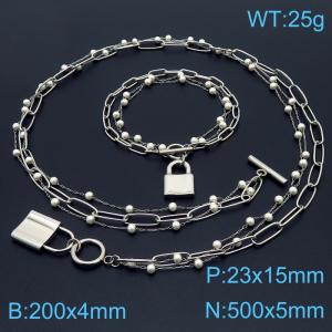 Women Stainless Steel&Pearls Link Lock Charm Jewelry Set with 500mm Necklace&200mm Bracelet - KS215509-Z