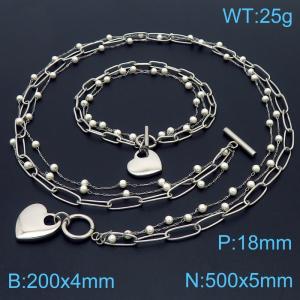 Women Stainless Steel&Pearls Link Polished Love Heart Charm Jewelry Set with 500mm Necklace&200mm Bracelet - KS215510-Z