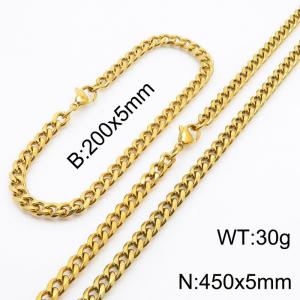 Wholesale Simple Jewelry Set 5mm Wide Cuban Chain 18k Gold Plated Stainless Steel Bracelet Necklace - KS216142-Z