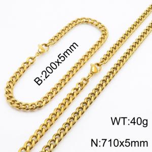 Wholesale Simple Jewelry Set 5mm Wide Cuban Chain 18k Gold Plated Stainless Steel Bracelet Necklace - KS216147-Z