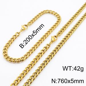 Wholesale Simple Jewelry Set 5mm Wide Cuban Chain 18k Gold Plated Stainless Steel Bracelet Necklace - KS216148-Z