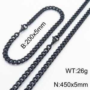 Wholesale Simple Jewelry Set 5mm Wide Cuban Chain 18k Black Plated Stainless Steel Bracelet Necklace - KS216149-Z
