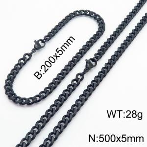 Wholesale Simple Jewelry Set 5mm Wide Cuban Chain 18k Black Plated Stainless Steel Bracelet Necklace - KS216150-Z